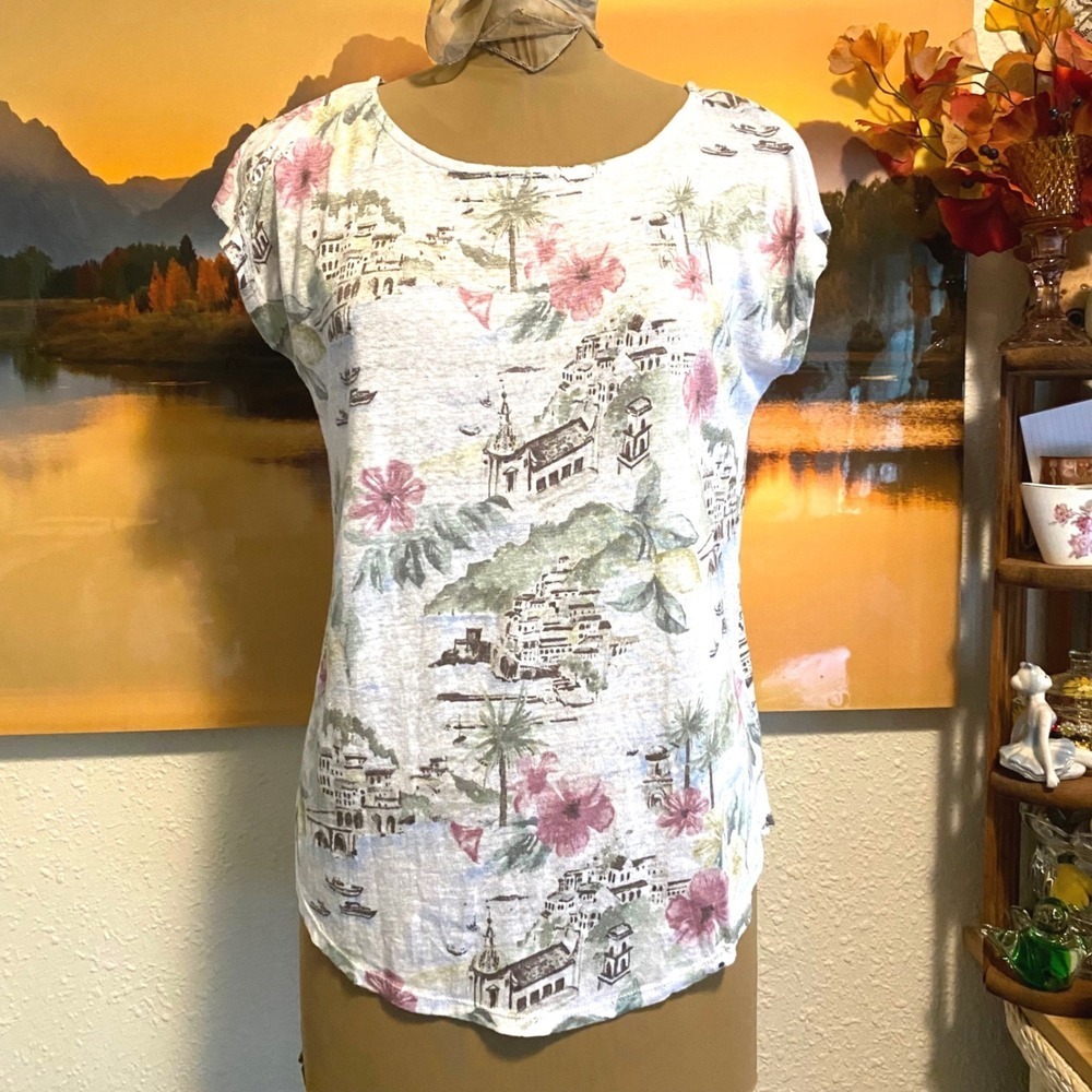 Cynthia‎ Rowley 100% Linen Top Coastal Mediterranean Landscape M White Floral
